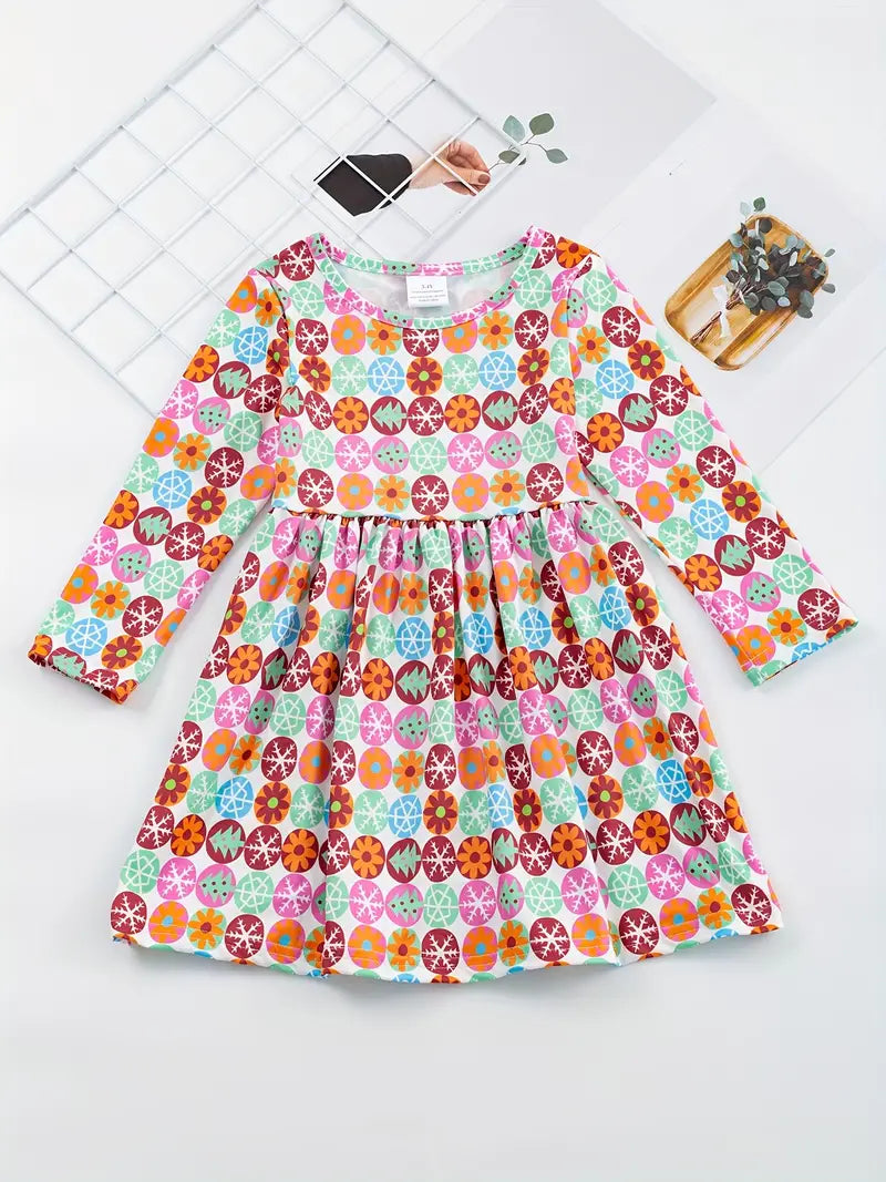 Girls Casual Long Sleeve Snowman Graphic Dress