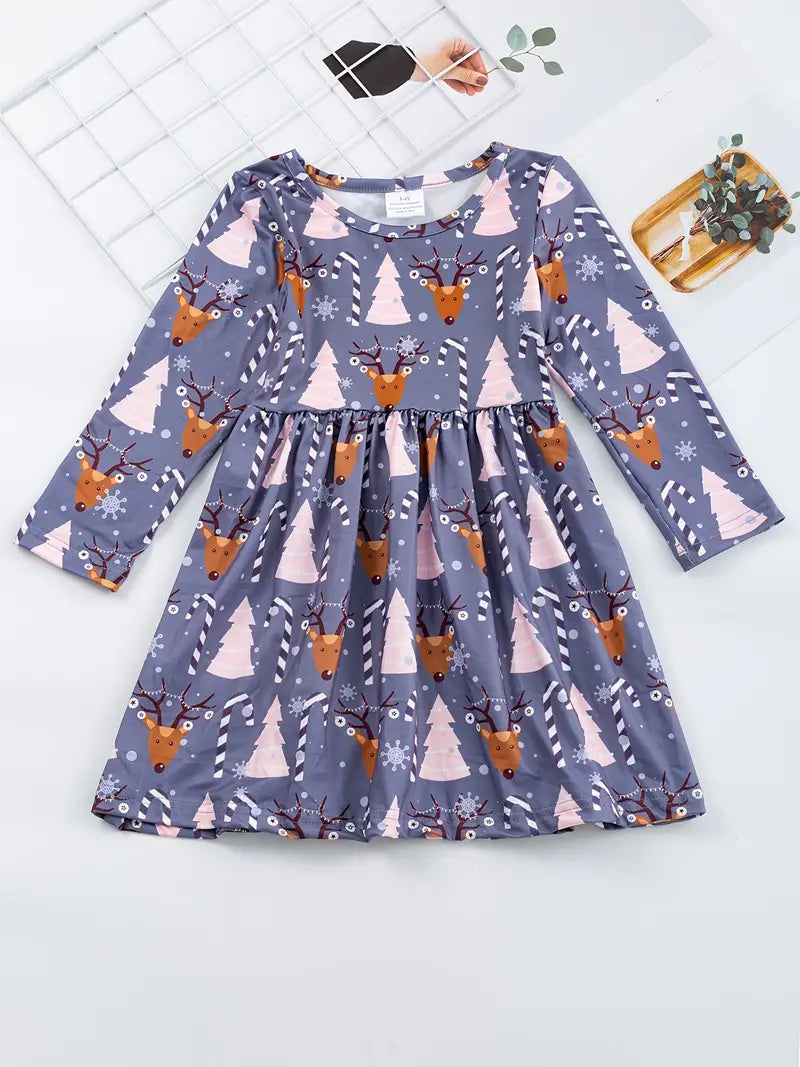 Girls Casual Long Sleeve Snowman Graphic Dress