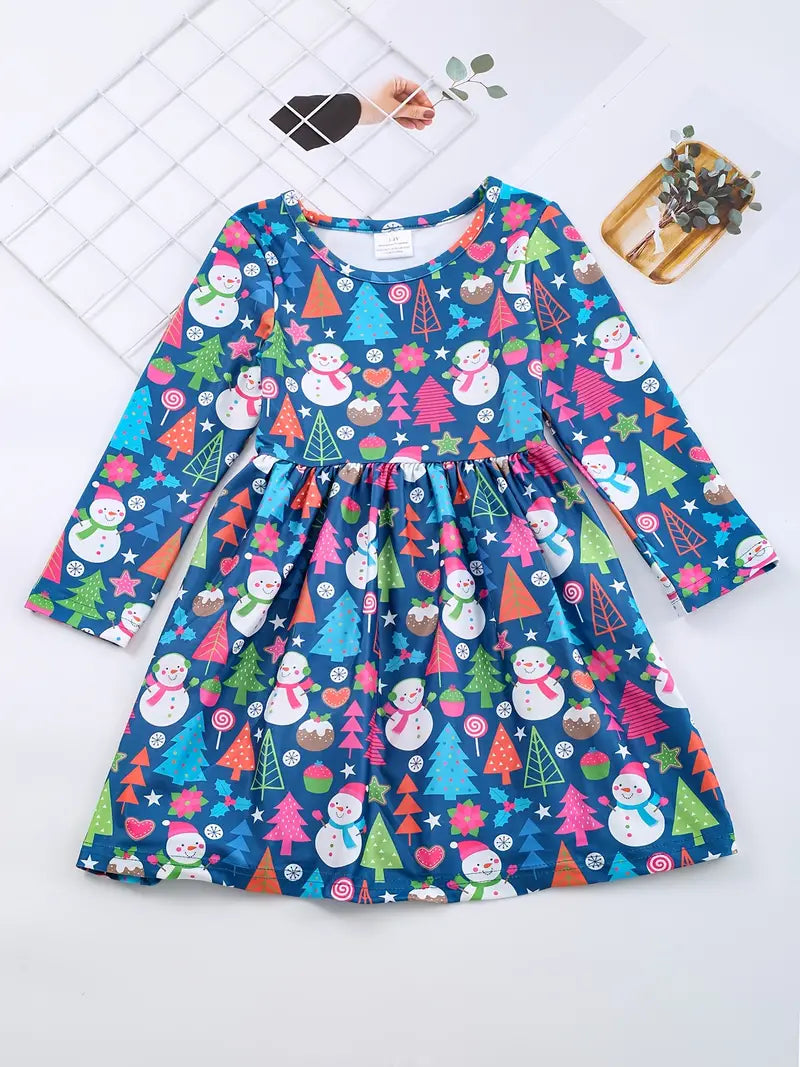Girls Casual Long Sleeve Snowman Graphic Dress