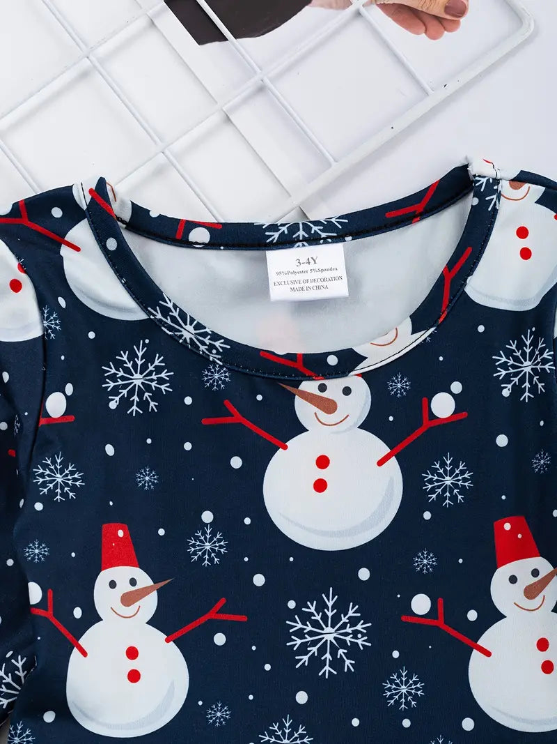Girls Casual Long Sleeve Snowman Graphic Dress