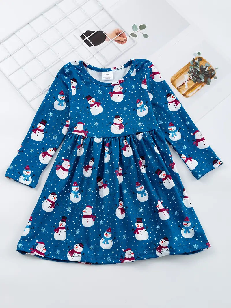 Girls Casual Long Sleeve Snowman Graphic Dress