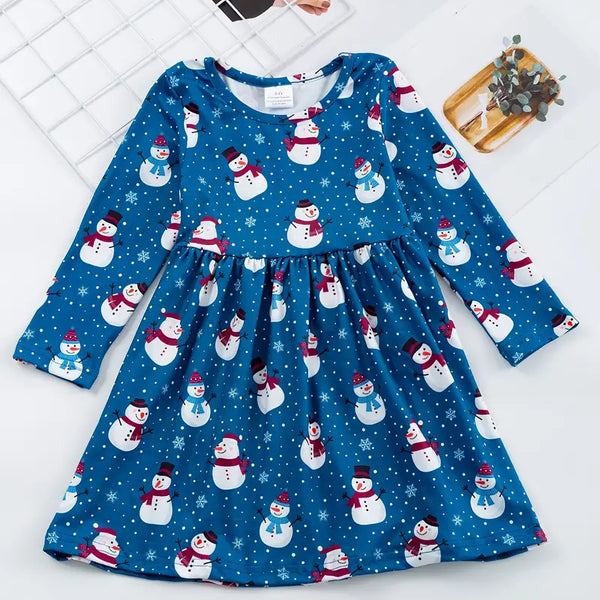 Girls Casual Long Sleeve Snowman Graphic Dress
