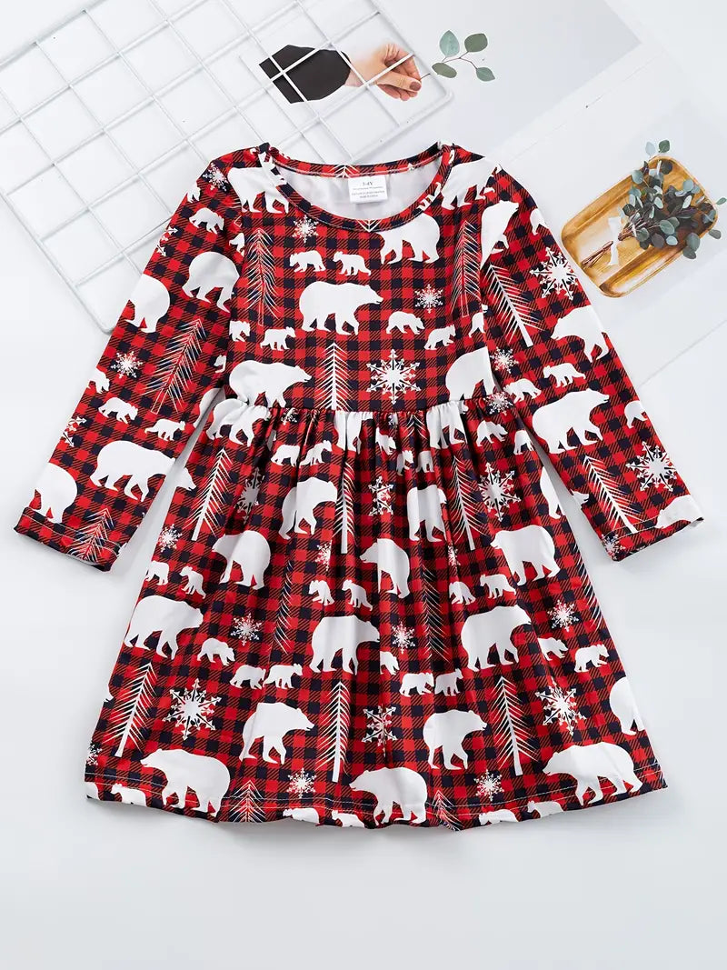Girls Casual Long Sleeve Snowman Graphic Dress
