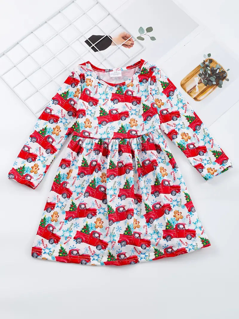 Girls Casual Long Sleeve Snowman Graphic Dress