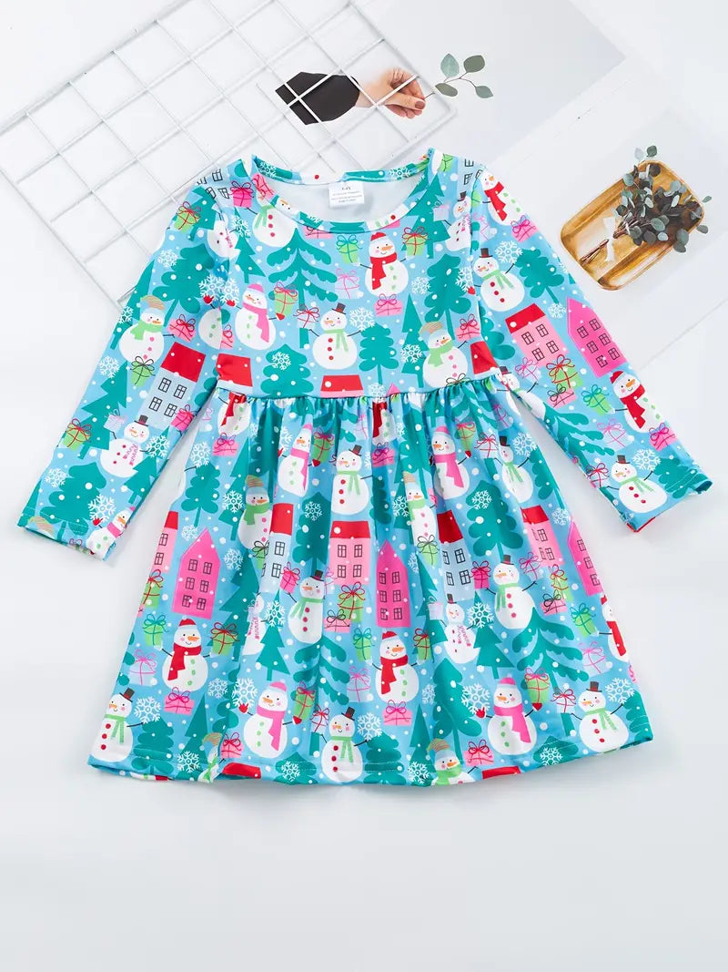 Girls Casual Long Sleeve Snowman Graphic Dress