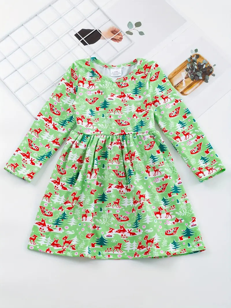 Girls Casual Long Sleeve Snowman Graphic Dress
