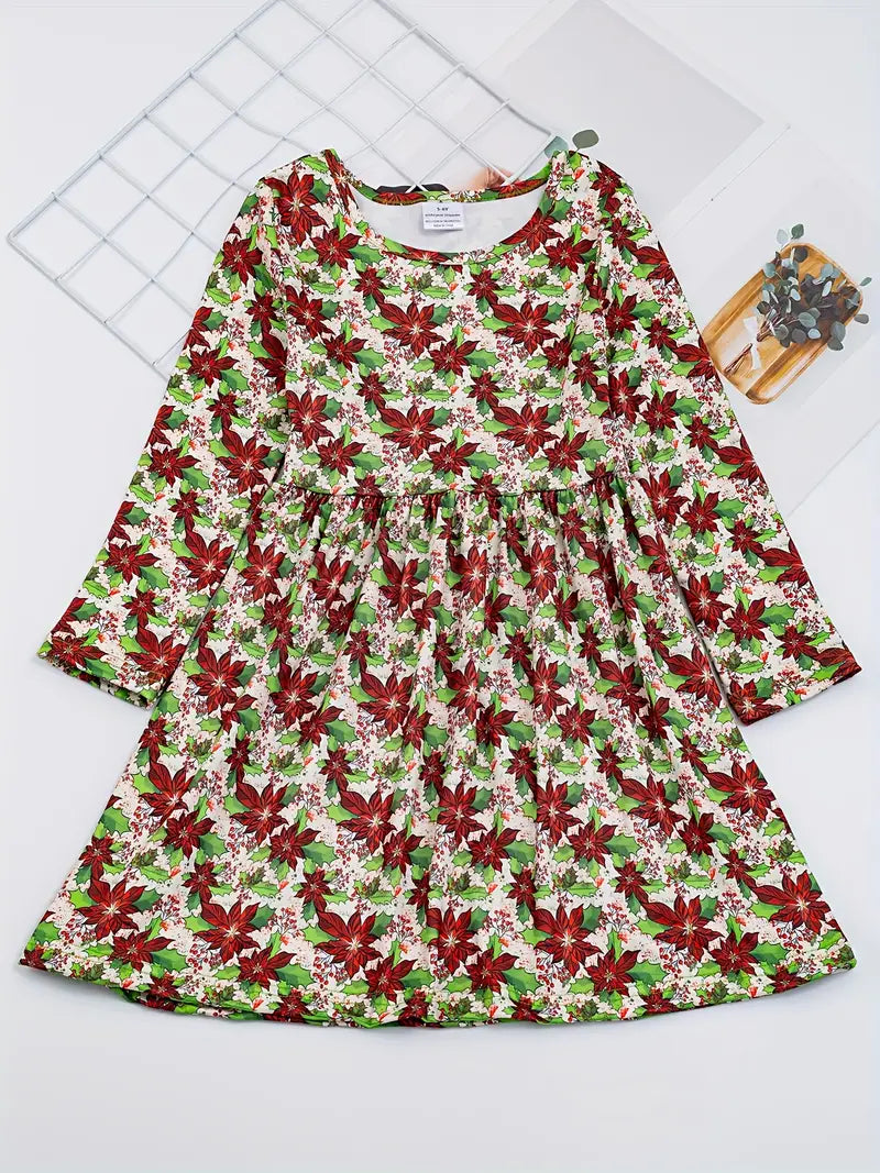 Girls Casual Long Sleeve Snowman Graphic Dress
